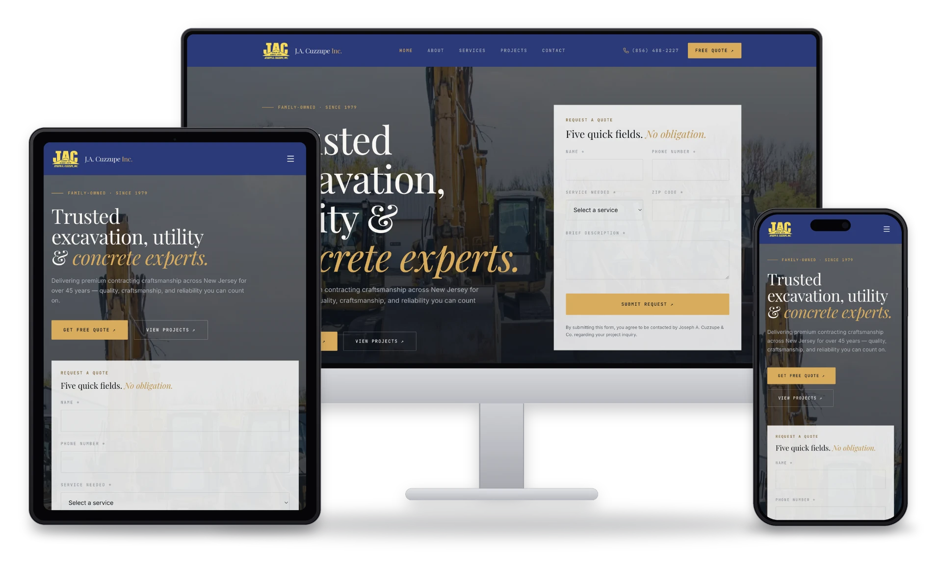 The J.A. Cuzzupe Inc. website shown on desktop, tablet and phone