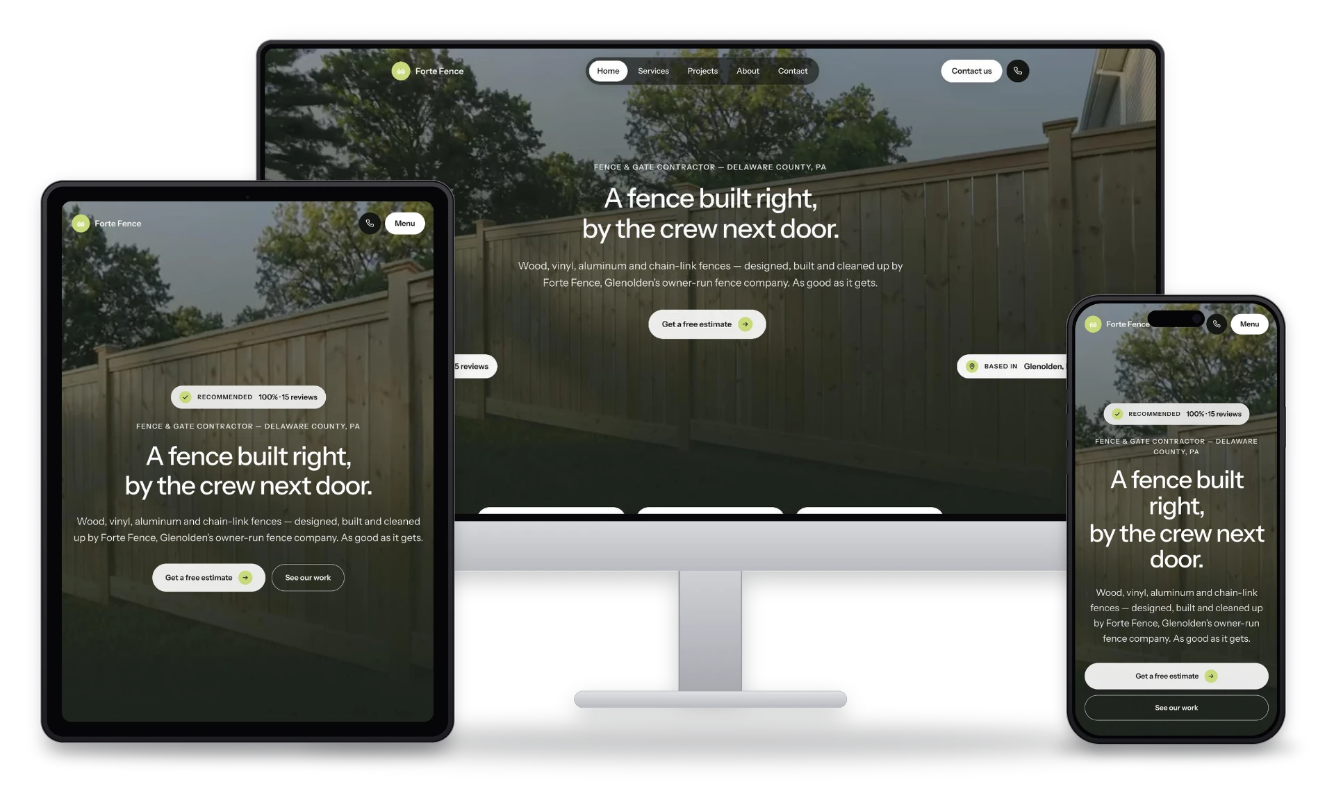 The Forte Fence LLC website shown on desktop, tablet and phone