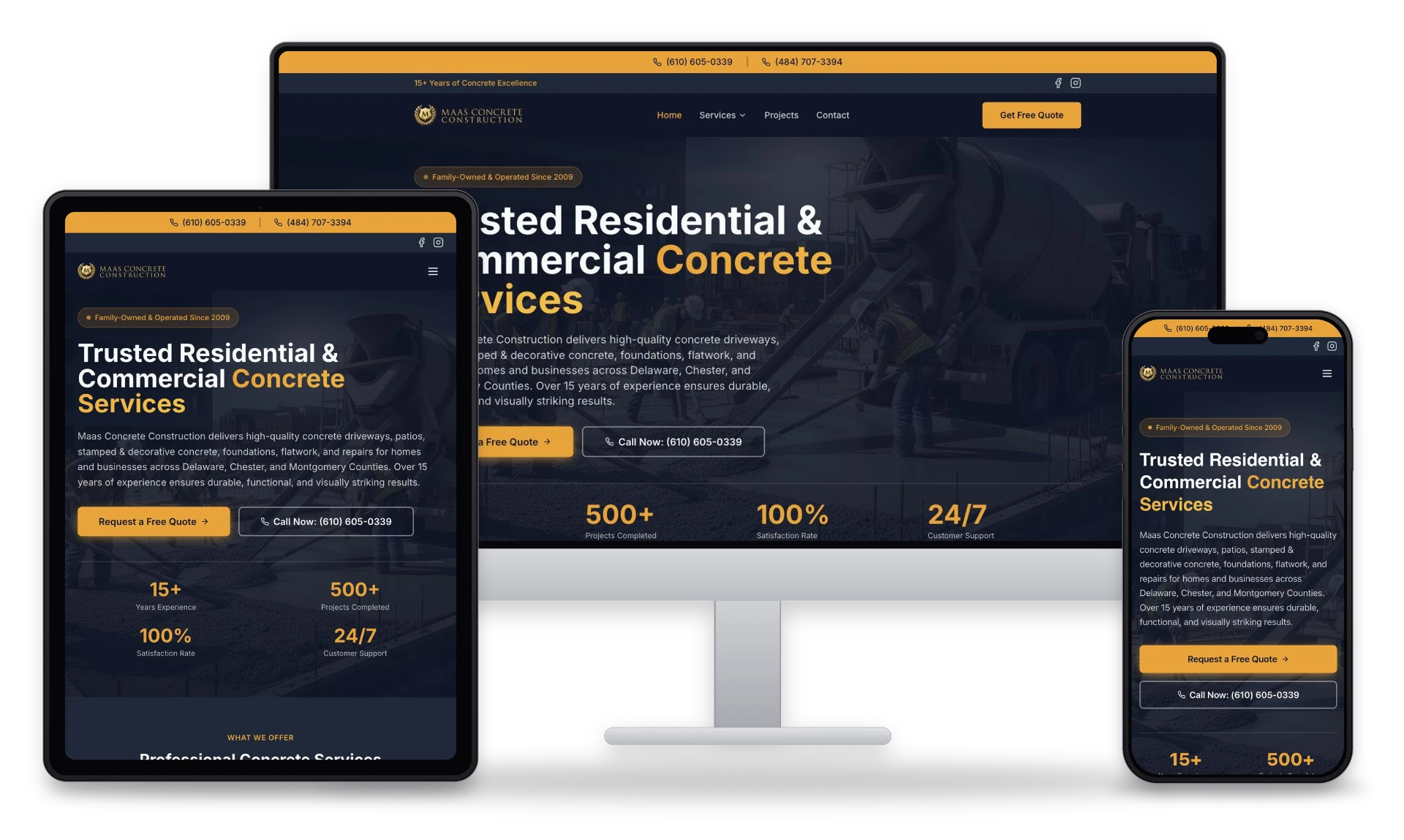 The Maas Concrete website shown on desktop, tablet and phone