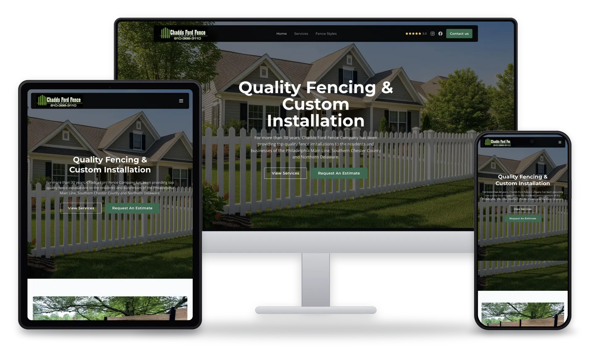 The Chadds Ford Fence website shown on desktop, tablet and phone
